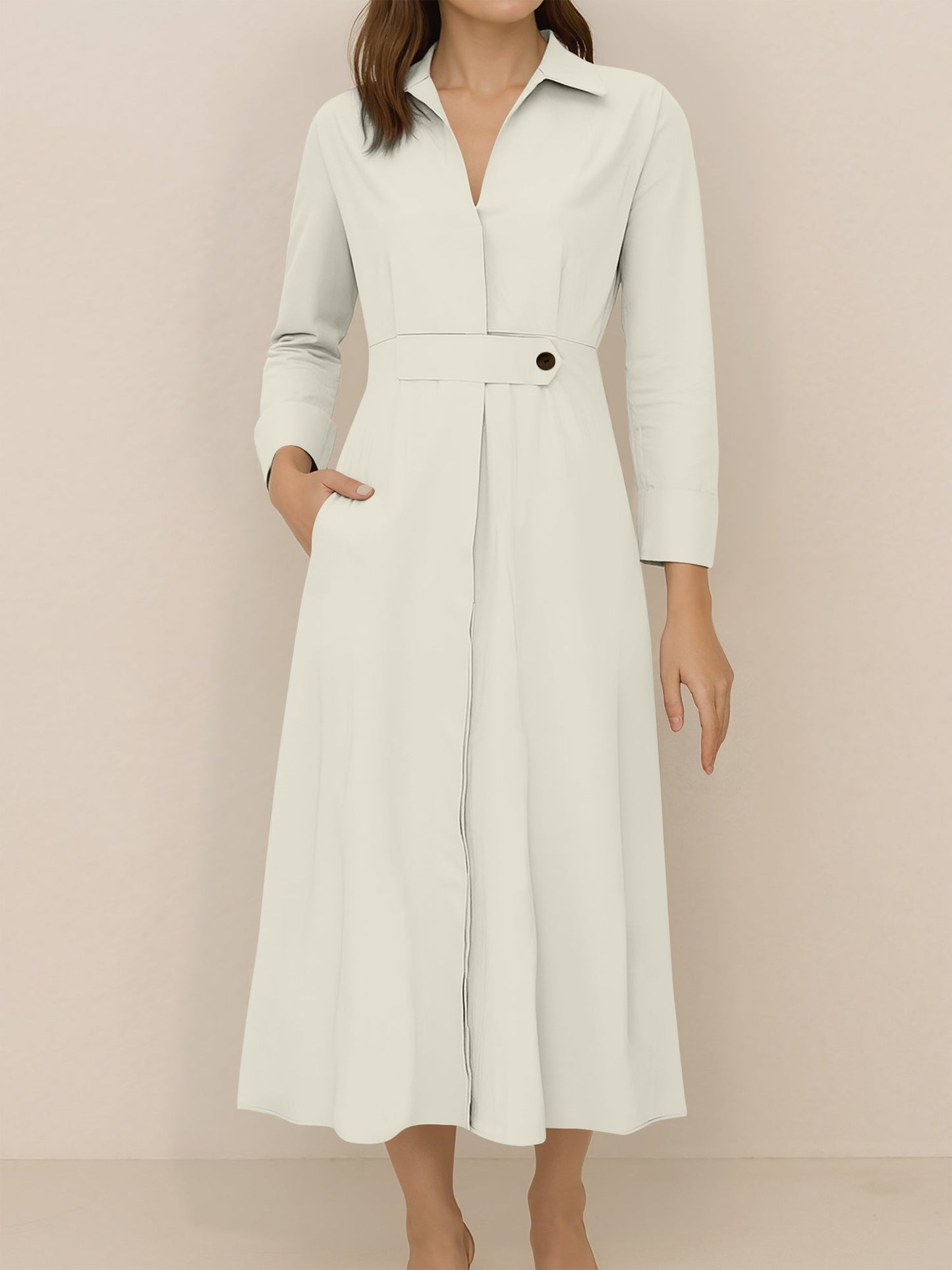Solid Color Collared Long Sleeve Pockets Slit Dress