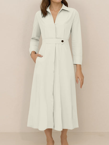 Solid Color Collared Long Sleeve Pockets Slit Dress