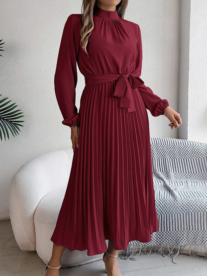 Ruched Mock Neck Tie Waist Pleated A-Line Dress
