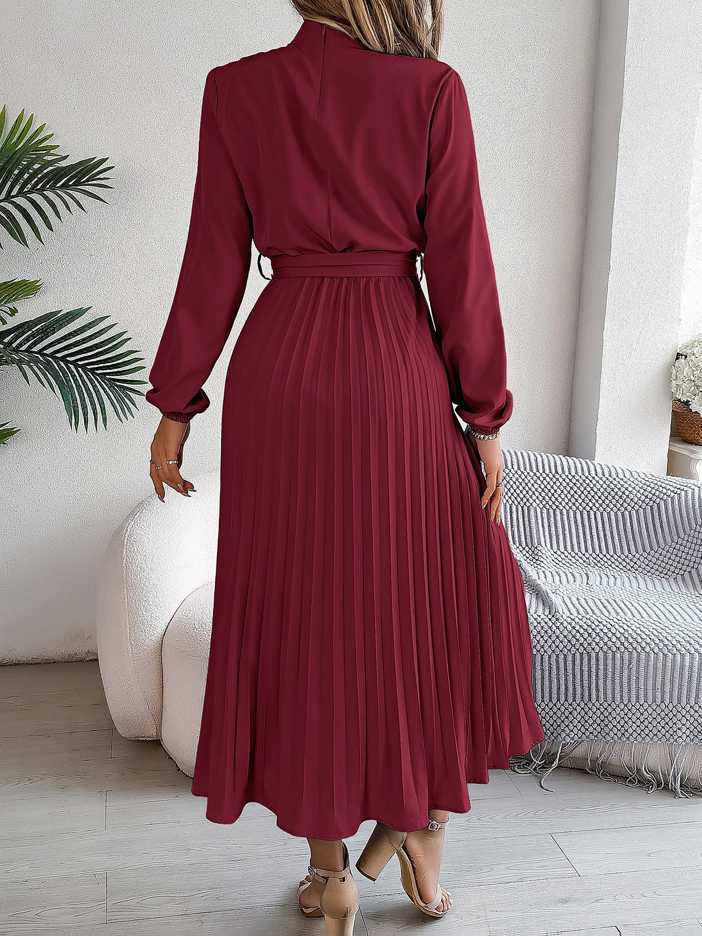 Ruched Mock Neck Tie Waist Pleated A-Line Dress