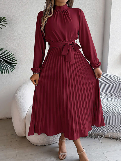 Ruched Mock Neck Tie Waist Pleated A-Line Dress