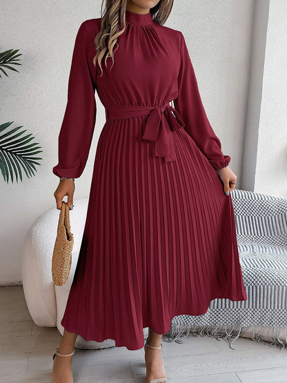 Ruched Mock Neck Tie Waist Pleated A-Line Dress
