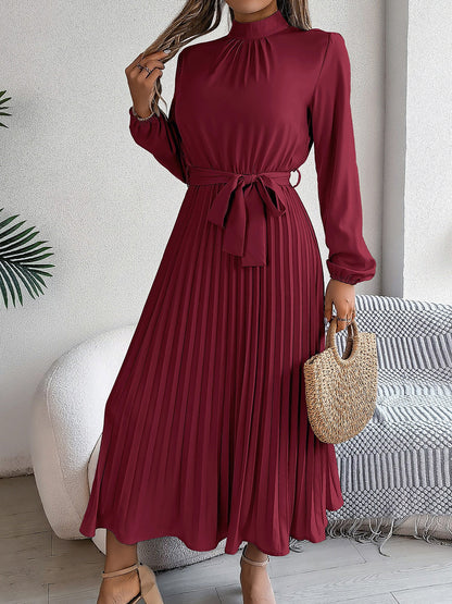 Ruched Mock Neck Tie Waist Pleated A-Line Dress