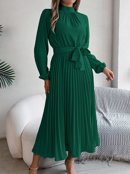 Ruched Mock Neck Tie Waist Pleated A-Line Dress