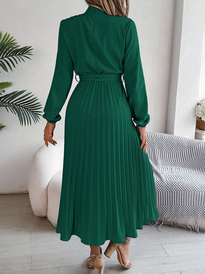 Ruched Mock Neck Tie Waist Pleated A-Line Dress