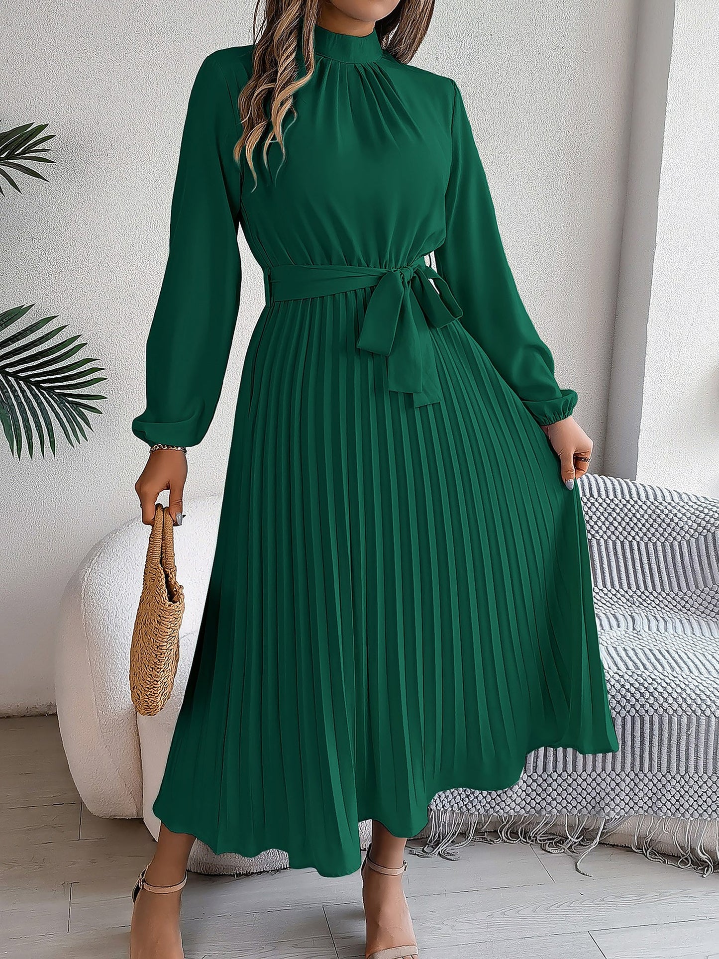 Ruched Mock Neck Tie Waist Pleated A-Line Dress