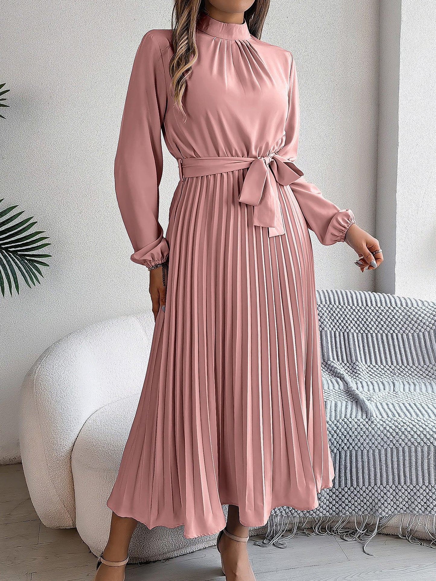 Ruched Mock Neck Tie Waist Pleated A-Line Dress