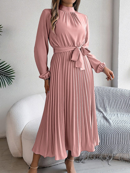 Ruched Mock Neck Tie Waist Pleated A-Line Dress