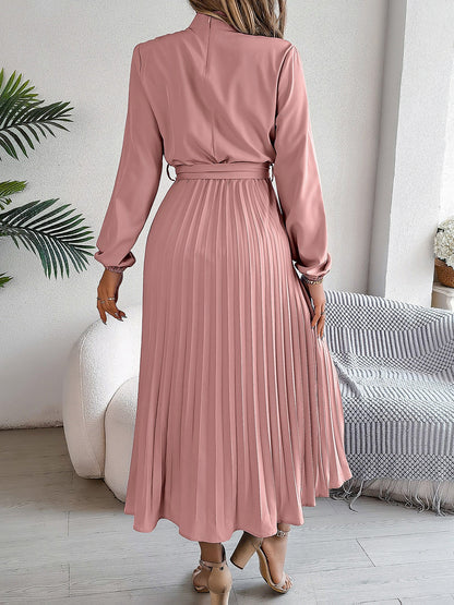 Ruched Mock Neck Tie Waist Pleated A-Line Dress