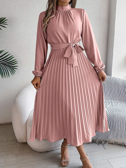 Ruched Mock Neck Tie Waist Pleated A-Line Dress