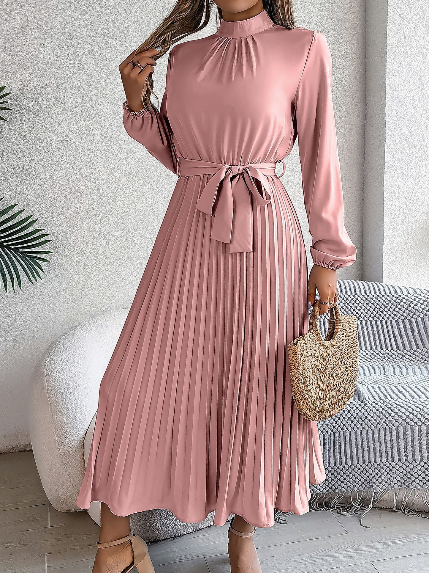 Ruched Mock Neck Tie Waist Pleated A-Line Dress