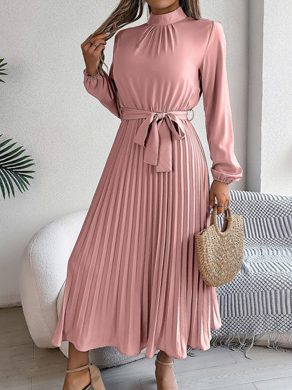 Ruched Mock Neck Tie Waist Pleated A-Line Dress