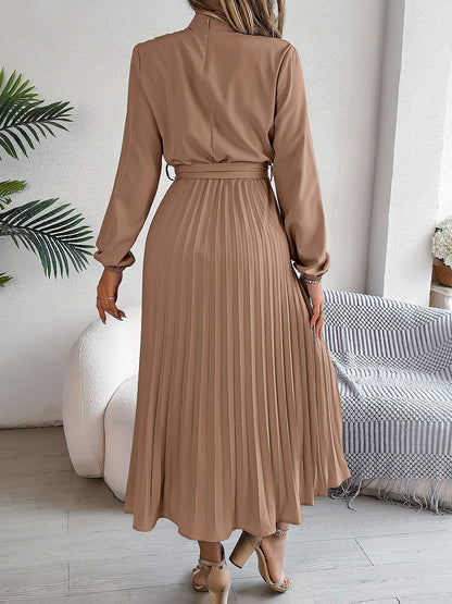 Ruched Mock Neck Tie Waist Pleated A-Line Dress