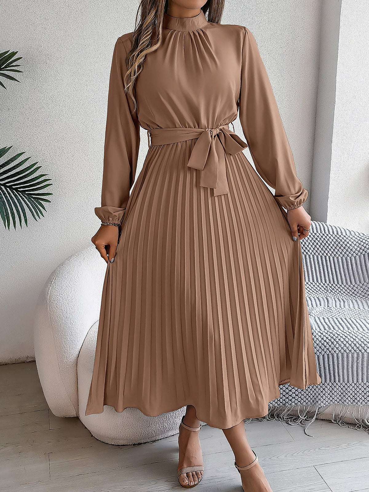 Ruched Mock Neck Tie Waist Pleated A-Line Dress