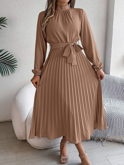 Ruched Mock Neck Tie Waist Pleated A-Line Dress