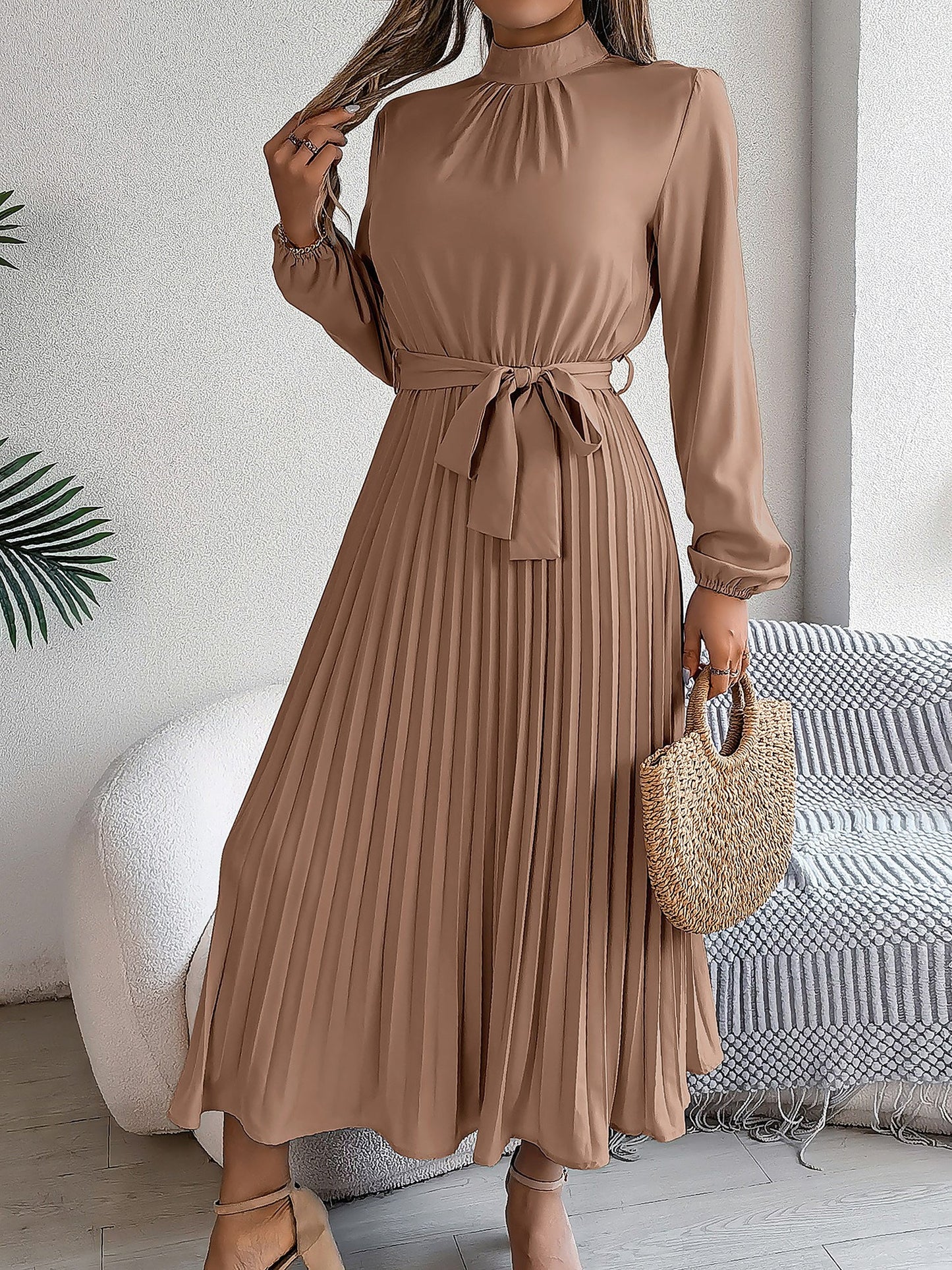 Ruched Mock Neck Tie Waist Pleated A-Line Dress