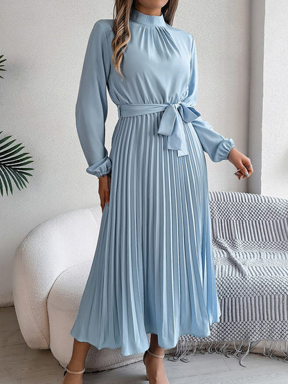 Ruched Mock Neck Tie Waist Pleated A-Line Dress