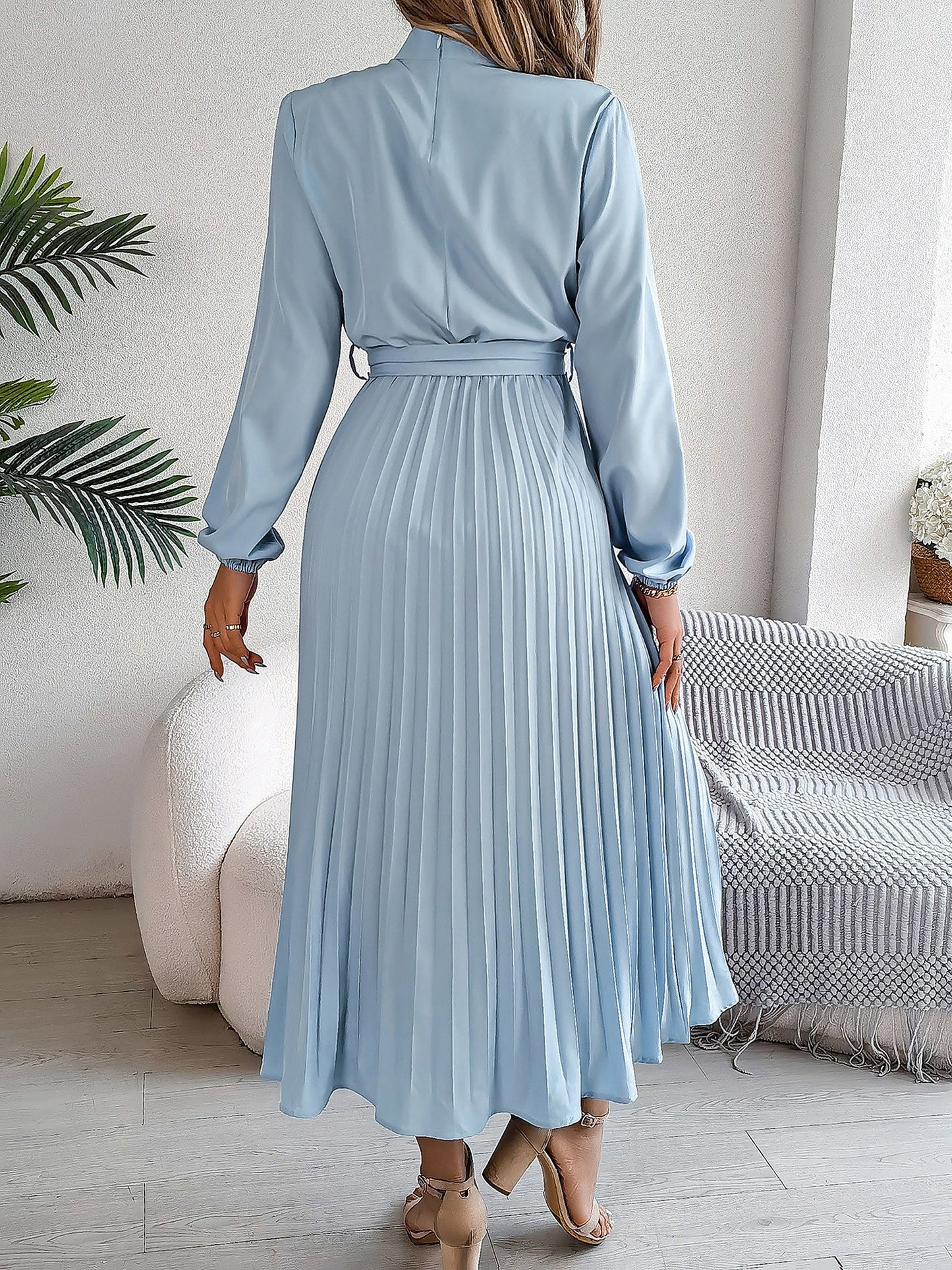Ruched Mock Neck Tie Waist Pleated A-Line Dress