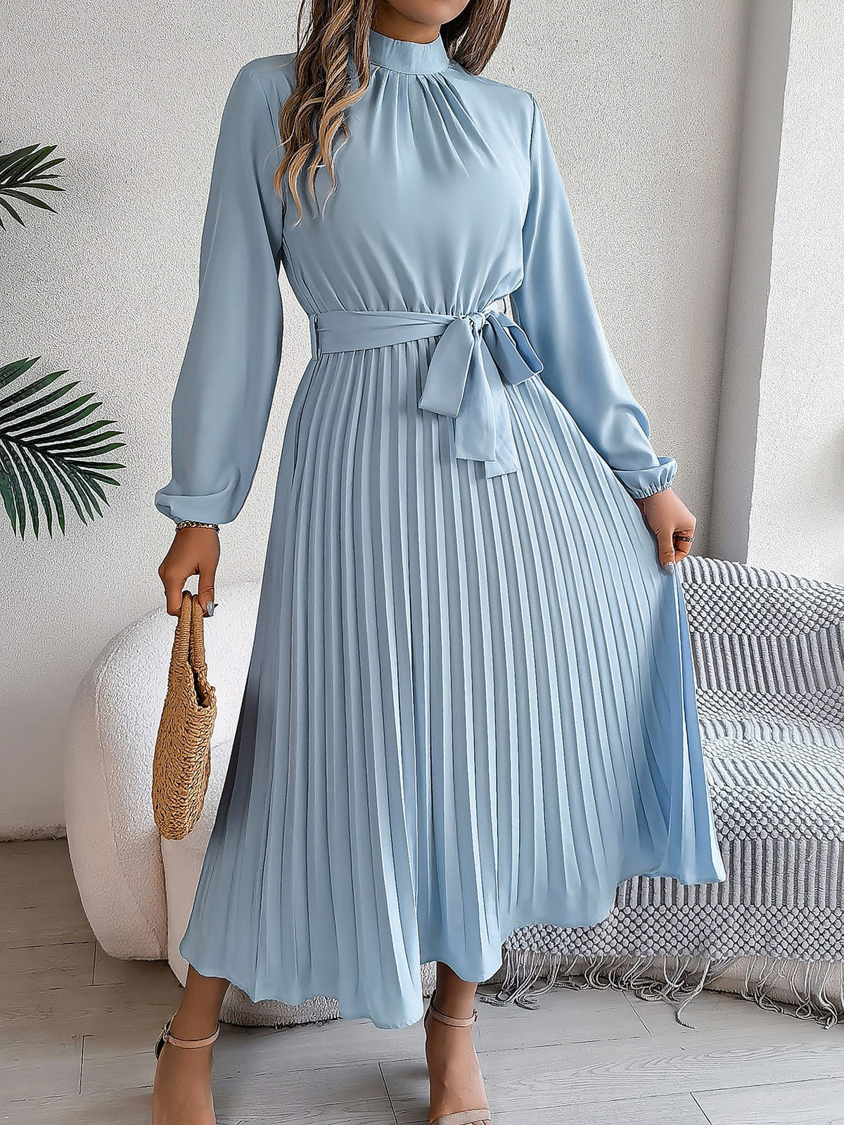 Ruched Mock Neck Tie Waist Pleated A-Line Dress