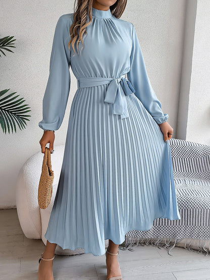 Ruched Mock Neck Tie Waist Pleated A-Line Dress