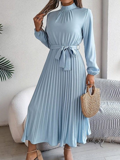 Ruched Mock Neck Tie Waist Pleated A-Line Dress