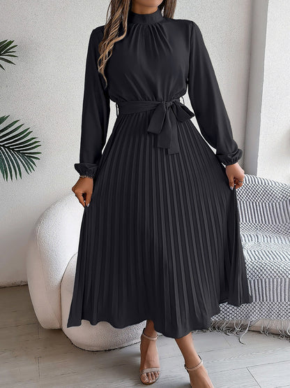 Ruched Mock Neck Tie Waist Pleated A-Line Dress