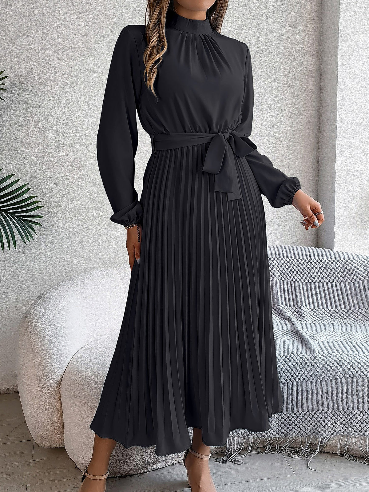 Ruched Mock Neck Tie Waist Pleated A-Line Dress