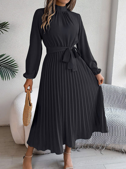 Ruched Mock Neck Tie Waist Pleated A-Line Dress