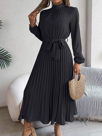 Ruched Mock Neck Tie Waist Pleated A-Line Dress