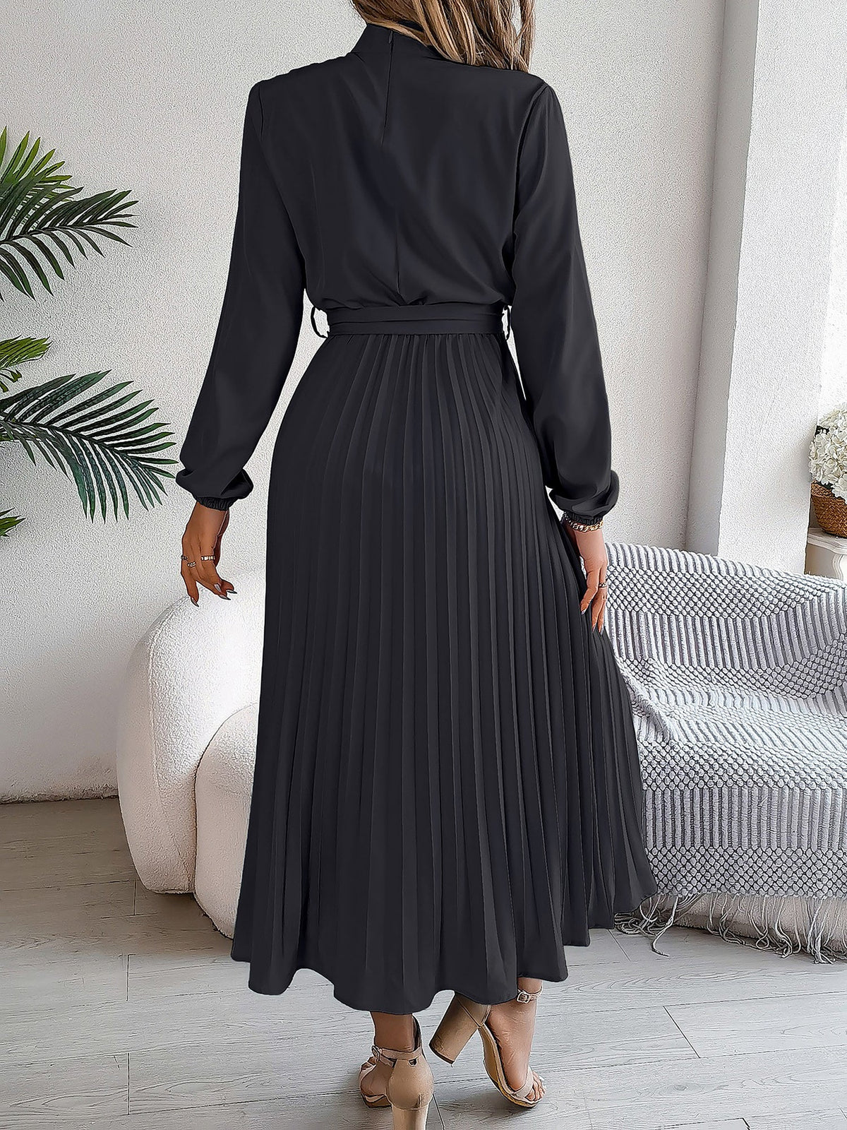 Ruched Mock Neck Tie Waist Pleated A-Line Dress