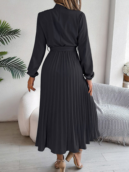 Ruched Mock Neck Tie Waist Pleated A-Line Dress