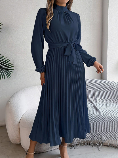 Ruched Mock Neck Tie Waist Pleated A-Line Dress