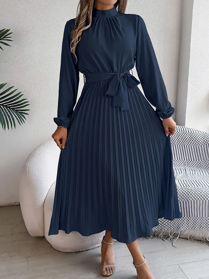 Ruched Mock Neck Tie Waist Pleated A-Line Dress