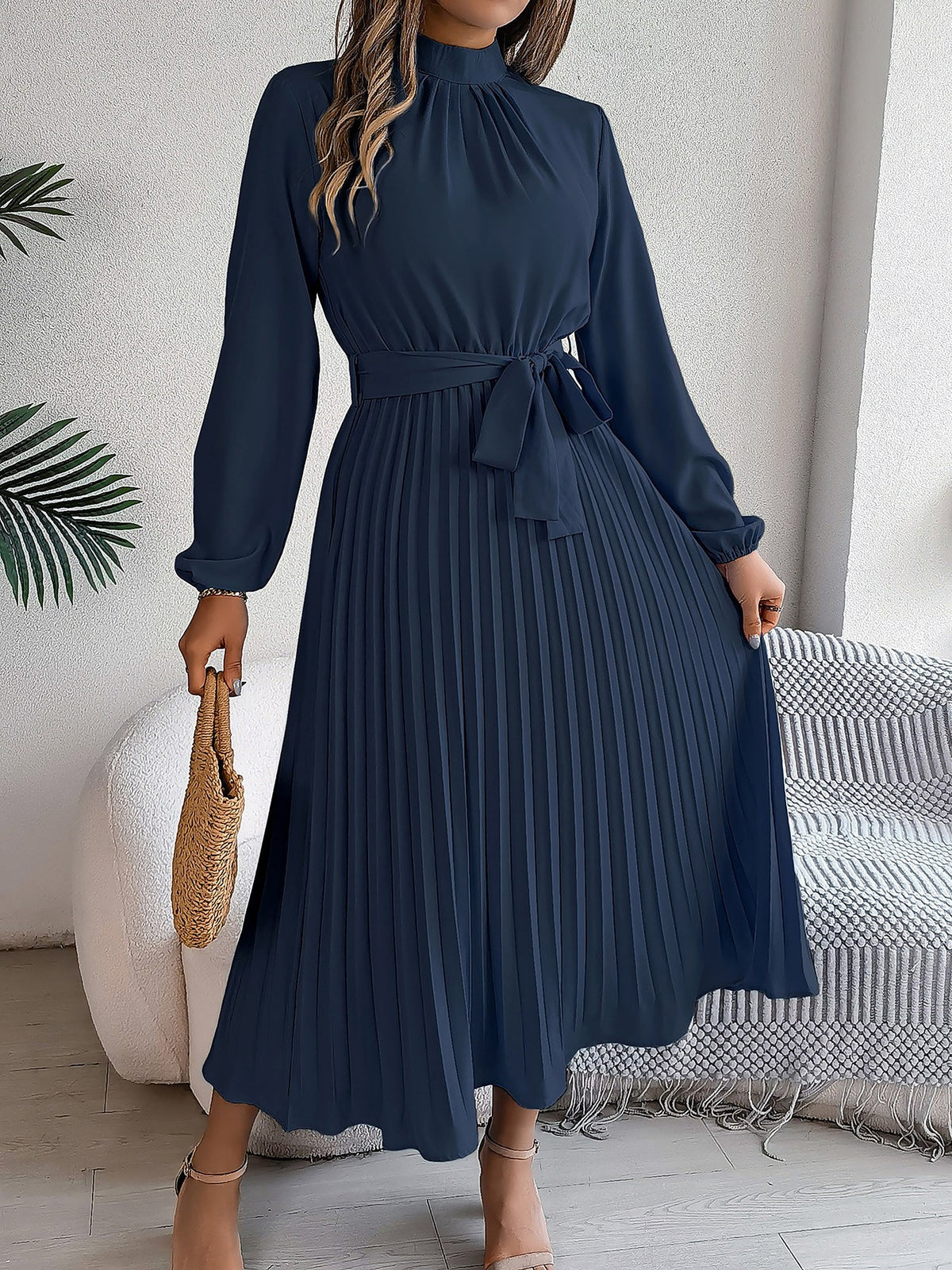 Ruched Mock Neck Tie Waist Pleated A-Line Dress
