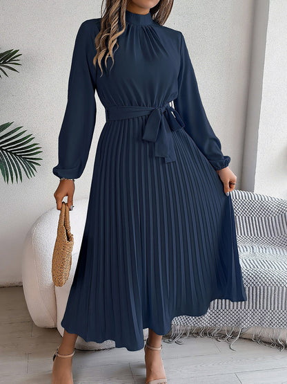 Ruched Mock Neck Tie Waist Pleated A-Line Dress
