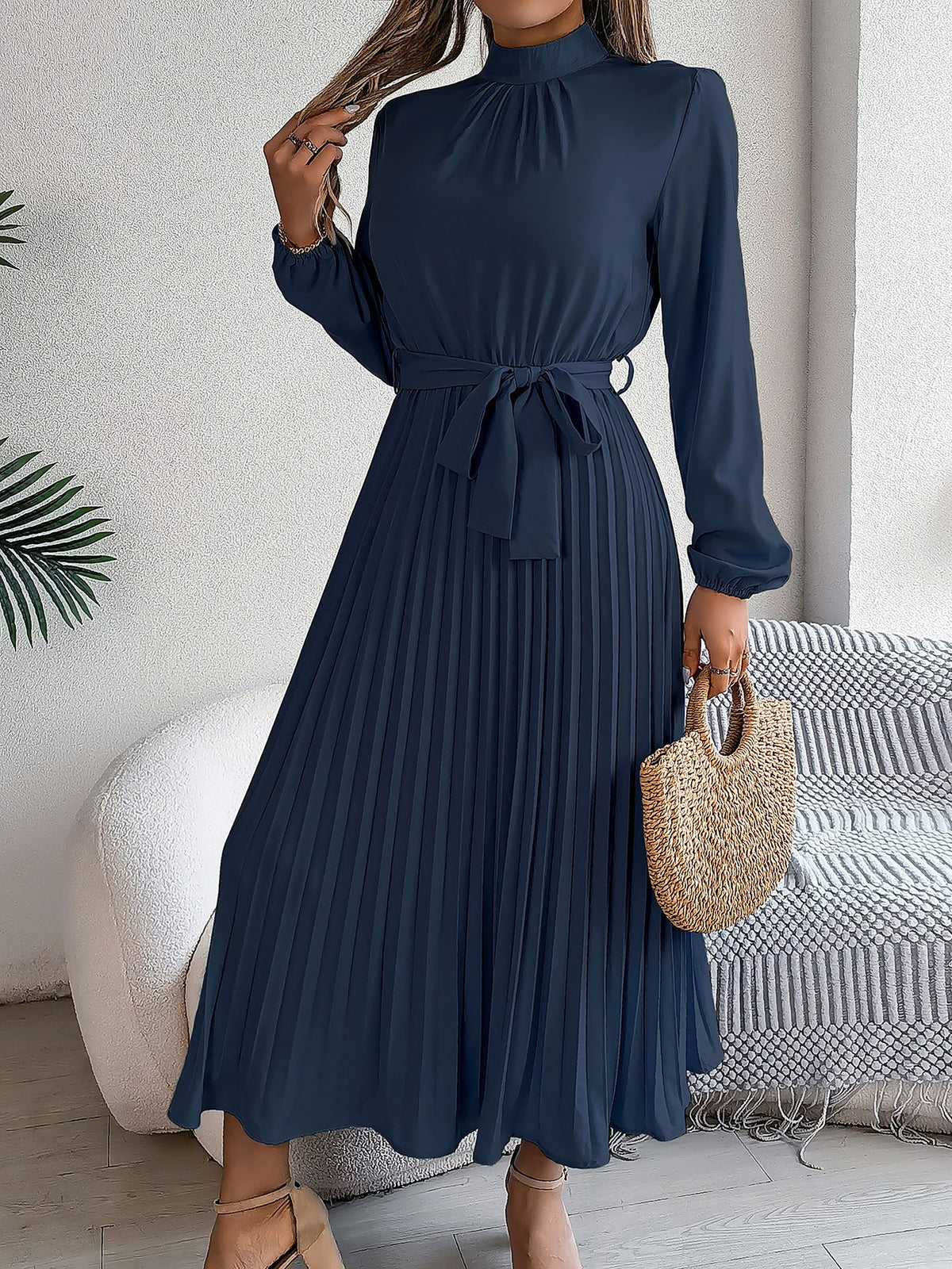 Ruched Mock Neck Tie Waist Pleated A-Line Dress