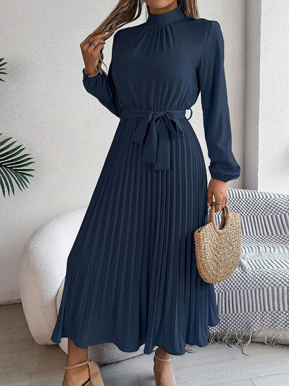 Ruched Mock Neck Tie Waist Pleated A-Line Dress