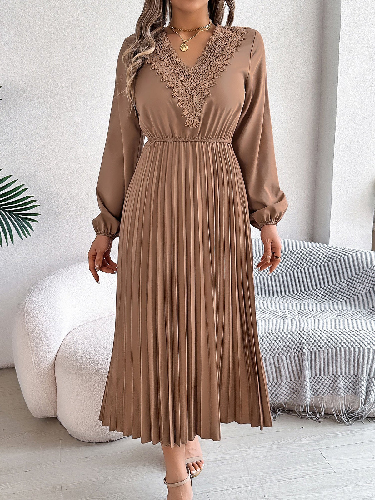 Lace V Neck Puff Long Sleeves Pleated A-Line Dress
