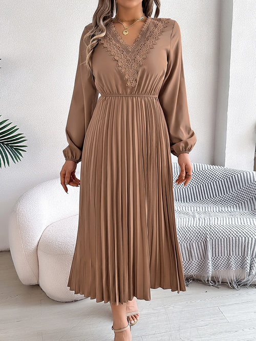 Lace V Neck Puff Long Sleeves Pleated A-Line Dress