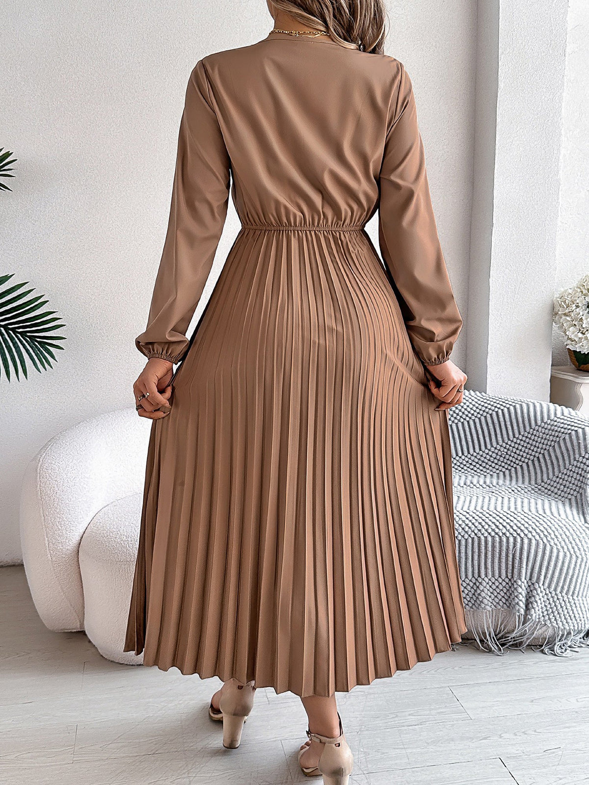 Lace V Neck Puff Long Sleeves Pleated A-Line Dress