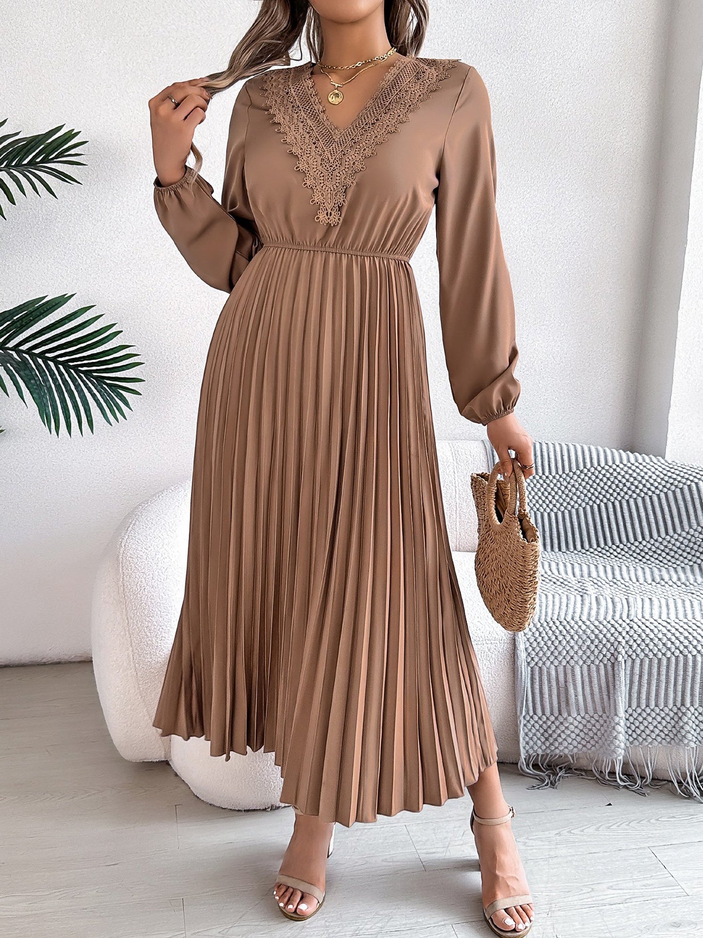 Lace V Neck Puff Long Sleeves Pleated A-Line Dress