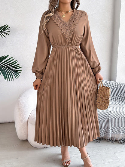 Lace V Neck Puff Long Sleeves Pleated A-Line Dress