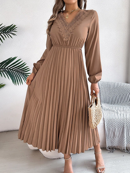 Lace V Neck Puff Long Sleeves Pleated A-Line Dress