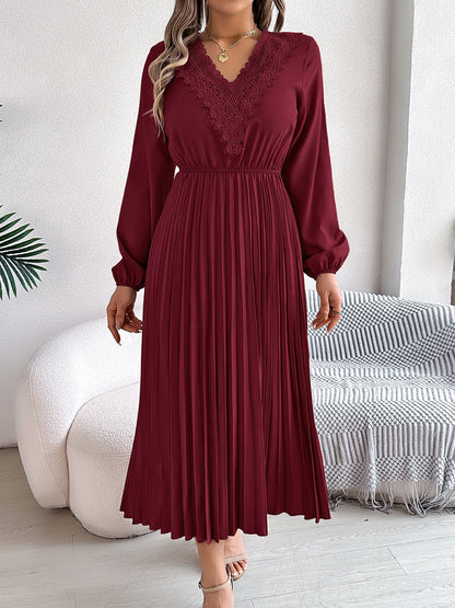 Lace V Neck Puff Long Sleeves Pleated A-Line Dress