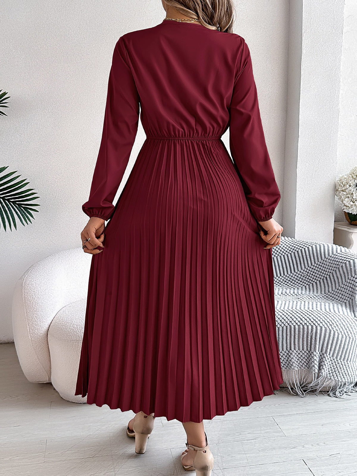 Lace V Neck Puff Long Sleeves Pleated A-Line Dress