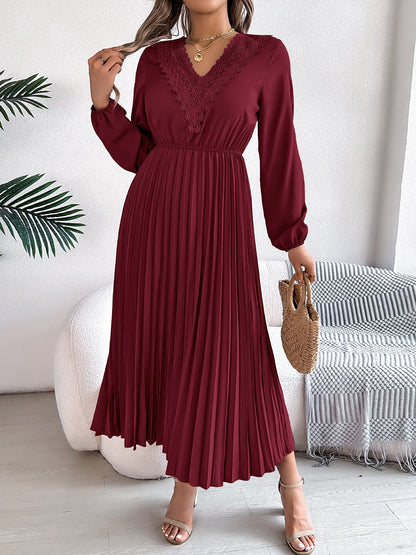 Lace V Neck Puff Long Sleeves Pleated A-Line Dress