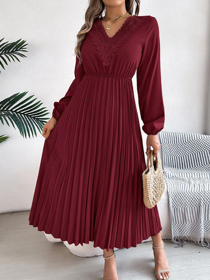 Lace V Neck Puff Long Sleeves Pleated A-Line Dress