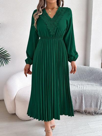 Lace V Neck Puff Long Sleeves Pleated A-Line Dress