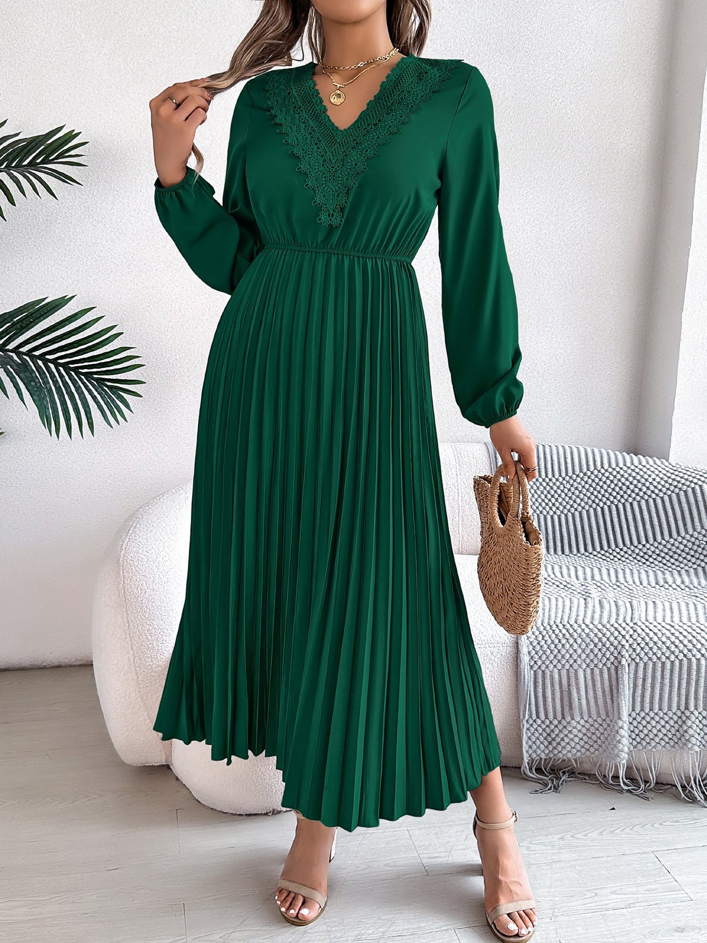 Lace V Neck Puff Long Sleeves Pleated A-Line Dress