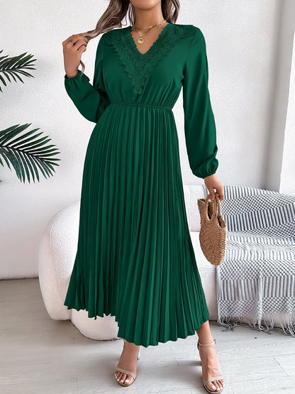 Lace V Neck Puff Long Sleeves Pleated A-Line Dress